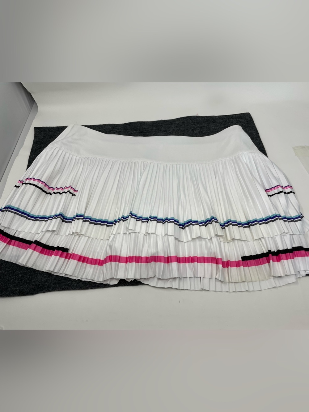 Lucky in Love White Pleated Pickleball  Skort with Pink, Blue & Black Stripes